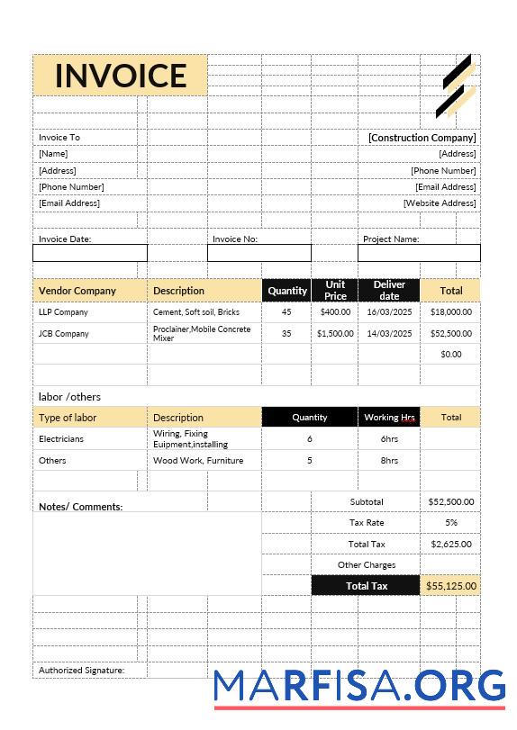 Printable Construction Estimate Invoice Template